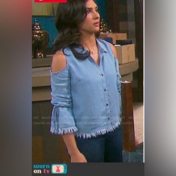 Splendid | Cold-Shoulder Button-Front Chambray Frayed Hem Cuffs Shirt Top S - Picture 1 of 17